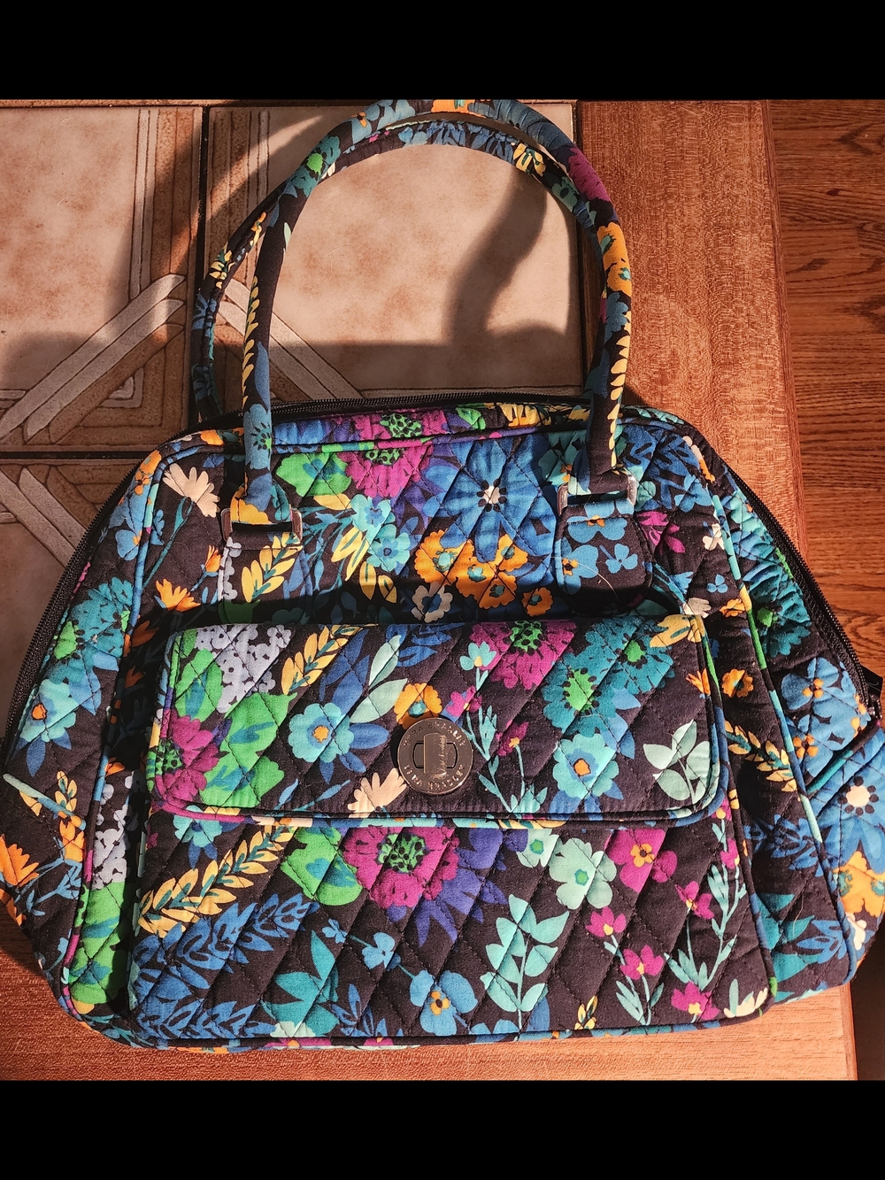 Vera Bradley Midnight Blues Quilted Floral Tote Bag Turn Key Lock 10 X 12"